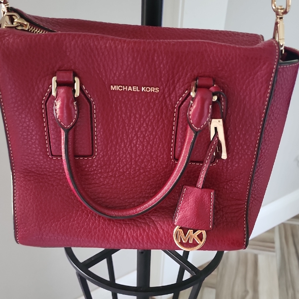 Michael Kors Red Satchel Pebbled Leather Structured Design